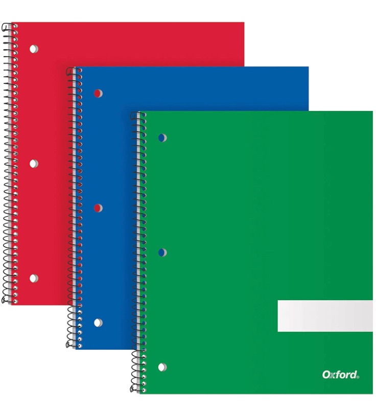 Photo 1 of Oxford Spiral Notebooks, 1 Subject, College Rule, Durable Covers, Heavy-duty Coil, 1 Pocket, 8.5 x 11, 100 Sheets, Red, Blue, Green, 3/Pack (89701) 2 packs