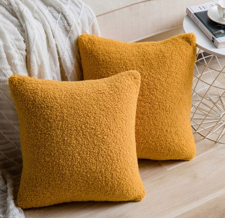 Photo 1 of Anickal Set of 2 Ochre Yellow Decorative Luxury Faux Curly Wool Fur Pillow Covers 18x18 Inch Soft Wool Square Throw Pillow Cases Cushion Covers for Sofa Couch Bedroom Living Room Home Decoration