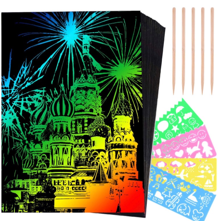 Photo 1 of ASTARON 59 Pcs Scratch Art Paper Set Rainbow Magic Scratch Off Paper Arts Crafts Pads Sheet for Party Favor Game Activities