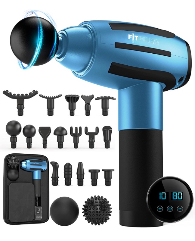 Photo 1 of Fitpulse Massage Gun Deep Tissue Massager - Muscle Massage Gun Percussion Massage Gun for Athletes Percussion Massager Gun Deep Tissue Massage Gun Muscle Gun Massager Fascia Gun Chrome Blue. Minor damage to box only