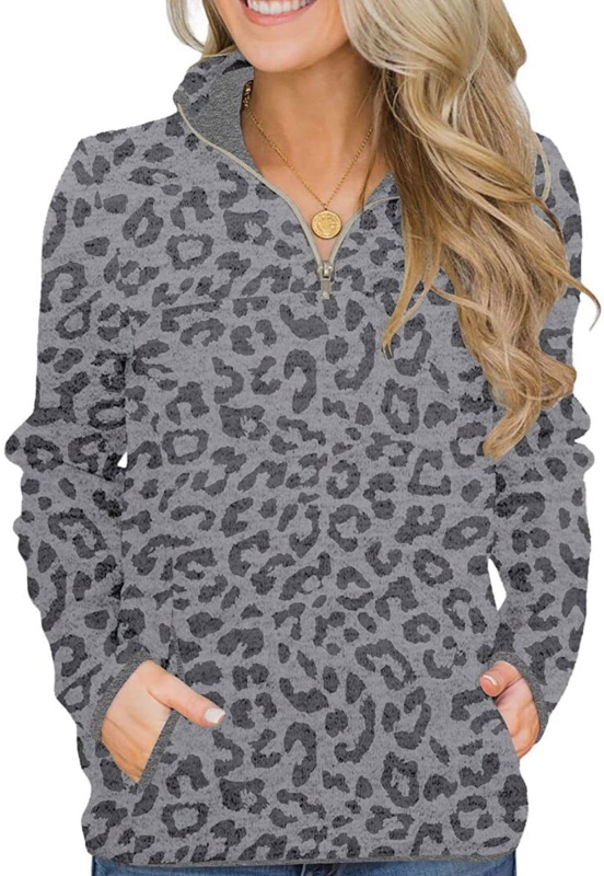 Photo 1 of BETTE BOUTIK Women Casual Pullover Sweatshirts Zip Neck Funnel Tops Long Sleeve Plain Leopard Top with Pockets medium