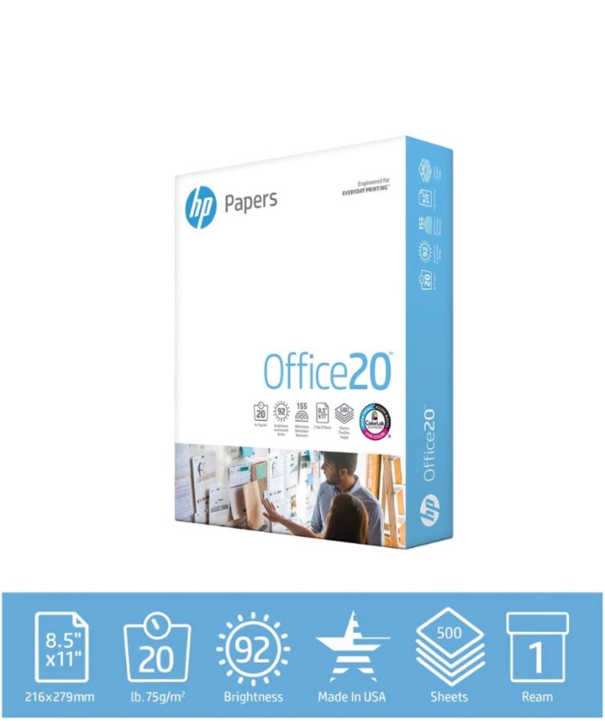 Photo 1 of hp Printer Paper | 8.5 x 11 Paper | Office 20 lb | 1 Ream - 500 Sheets | 92 Bright | Made in USA - FSC Certified | 172160R