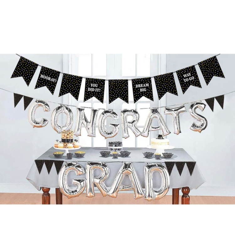 Photo 1 of 2021 Graduation Decorations Black and Gold, Includes 2 Graduation Pennant Banners & Congrats Grad Balloons, Graduation Party Supplies 2021 for Any Schools or Grades