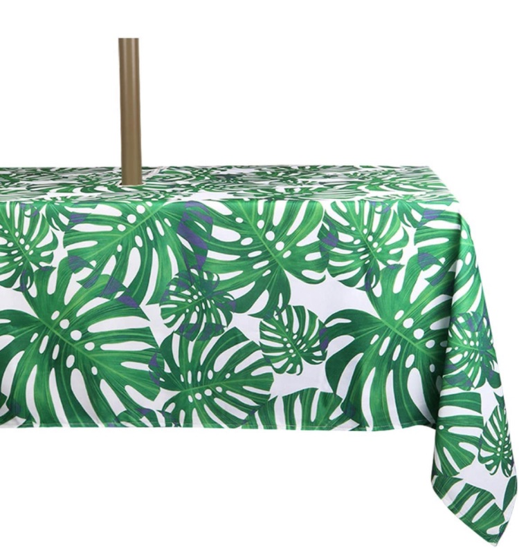 Photo 1 of ColorBird Spring & Summer Palm Leaf Outdoor Tablecloth Waterproof Spillproof Polyester Table Cover with Zipper Umbrella Hole for Patio Garden Tabletop Decor, 60 x 84 Inch, Zippered