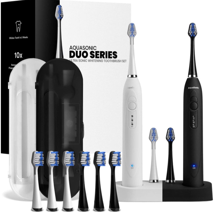 Photo 1 of AquaSonic Duo Dual Handle Ultra Whitening 40,000 VPM Wireless Charging Electric ToothBrushes - 3 Modes with Smart Timers - 10 Dupont Brush Heads & 2 Travel Cases Included