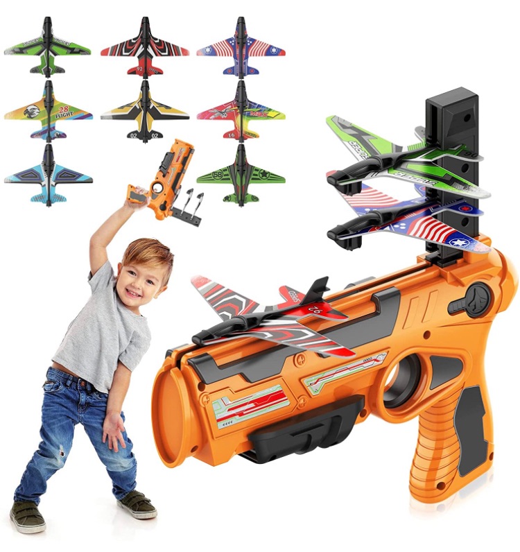 Photo 1 of KDRose Bubble Catapult Plane Toy, One-Click Ejection Model Foam Airplane with 8 Pcs Glider Airplane, Gifts for Boys and Girls, Outdoor Sport Toys Birthday Party Favors Airplane Toy (Orange)