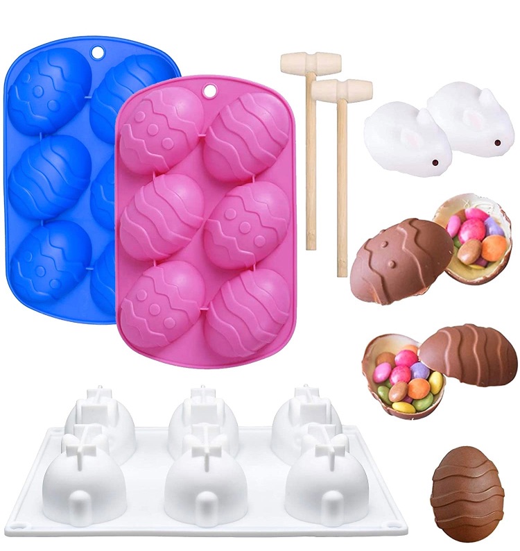Photo 1 of 3 Pieces Easter Silicone Molds, Egg Shaped and Bunny Cake Baking Mold with 2 Pieces Wooden Hammer for Easter Cake Decoration Candy Chocolate Home Kitchen DIY Baking