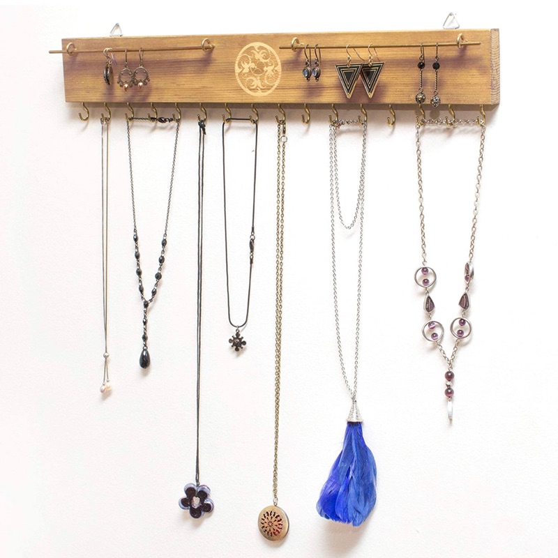 Photo 3 of Jewelry Display - Wall Necklace Holder - 17“ - Necklace Hanger Wall Mount - Rustic Jewelry Organizer - 16 Necklace Hooks - (Pine Wood)