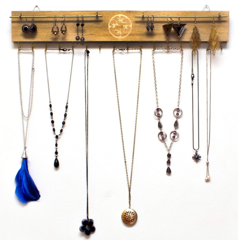 Photo 1 of Jewelry Display - Wall Necklace Holder - 17“ - Necklace Hanger Wall Mount - Rustic Jewelry Organizer - 16 Necklace Hooks - (Pine Wood)