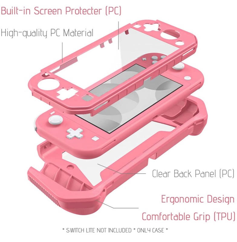 Photo 2 of Case for Nintendo Switch Lite Protective Case Cover Skin Accessories - Grip Cover with Built-in PC Screen Protector - Split Cover TPU+PC Case with Anti-Scratch and Shock-Absorption - Coral