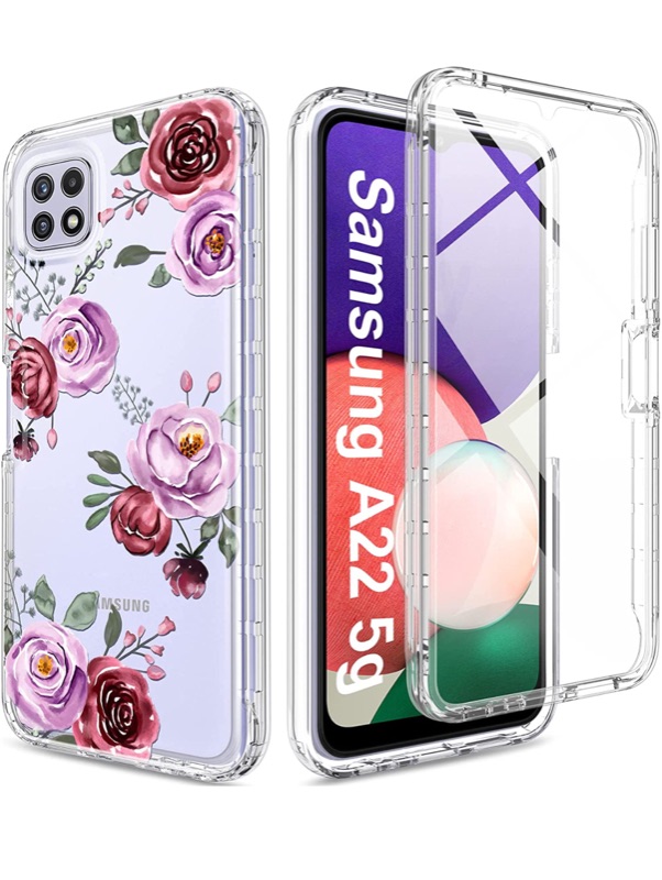 Photo 1 of A22 5G Case,JXVM Samsung Galaxy A22 5G Case Clear Floral with Built in Screen Protector, Full Body Shockproof TPU Flower Cover Phone Case for Woman Girls(2 Items)