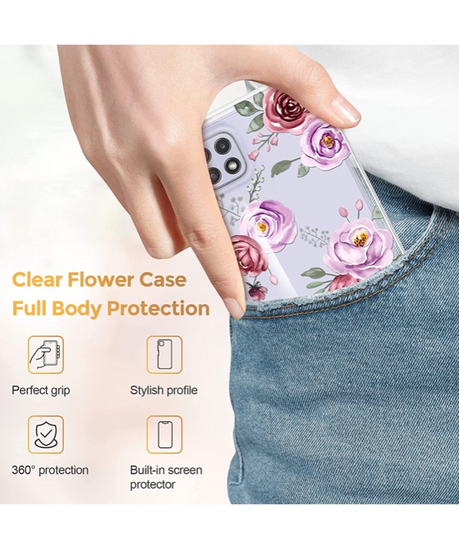 Photo 7 of A22 5G Case,JXVM Samsung Galaxy A22 5G Case Clear Floral with Built in Screen Protector, Full Body Shockproof TPU Flower Cover Phone Case for Woman Girls(2 Items)