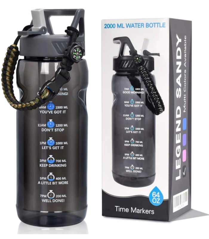 Photo 1 of Big Motivational Half Gallon Water Bottle with Straw, BPA Free Resuable 64 OZ Water Bottle with Straw & Time Marker, 1/2 Gallon Sports Water Jug for Camping Hiking Fitness