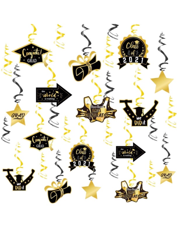 Photo 1 of 2021 Graduation Hanging Decorations Swirls,Graduation Party Supplies Decorations Hanging Swirl, Black & Gold Foil Hanging Swirls for College Graduation Decorations by ACXOP (30) 2 packs