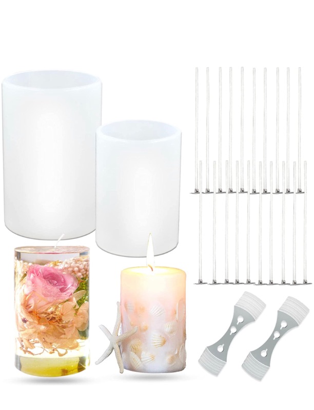 Photo 1 of 2Pcs Silicone Candle Molds for Cylinder Candle Making with 20Pcs Candle Wicks and 2Pcs Wicks Holder, Pillar Candle Silicone Resin Casting Epoxy Mold for Making Wax Candles, Soaps, Polymer Clay, Crafts