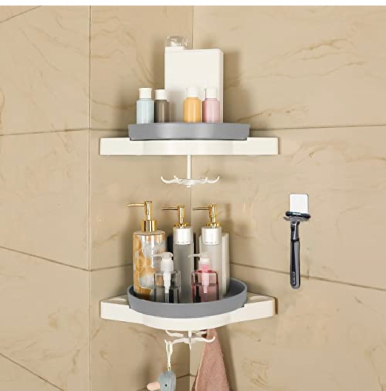 Photo 1 of BANQIN Shower Caddy Corner Shelf, Adhesive Shower Organizer with Hooks Razor Holder for Bathroom, Kitchen, Toilet, Spice Storage, 2 Pack, Grey