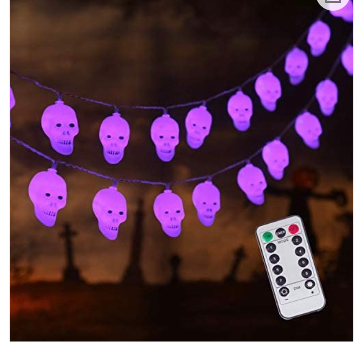 Photo 1 of 30 LED Halloween Decoration Skull String Lights, Battery Operated 8 Modes Fairy Lights with Remote, 16.4ft Waterproof Halloween Decoration Lights for Outdoor Indoor Party (Purple)