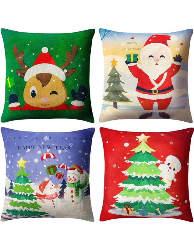 Photo 1 of BININBOX Christmas Pillow Covers Set of 4 Holiday Throw Pillow Covers 18x18 Inches Linen Christmas Tree Snowman Reindeer Santa Decorative Christmas Pillowcase