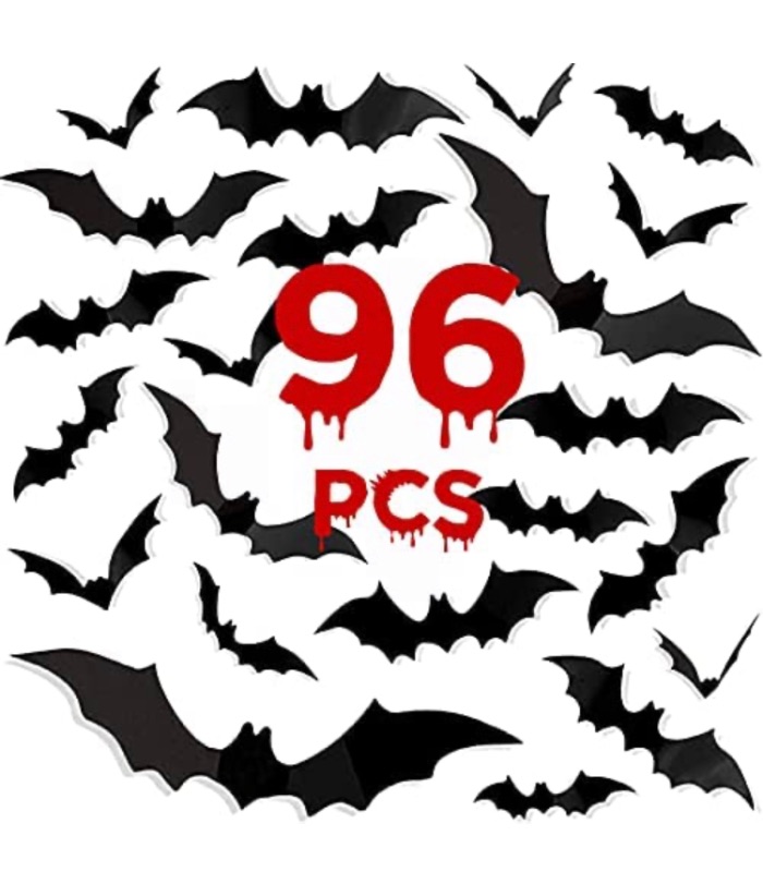 Photo 1 of 96 PCS 3D Bats Wall Stickers Halloween Decorations for Home, 7 Size & 8 Design, Indoor Outdoor Reusable PVC Black Spooky Scary Bats Window Door Wall Decor Halloween Eve Party Decor 2 packs 