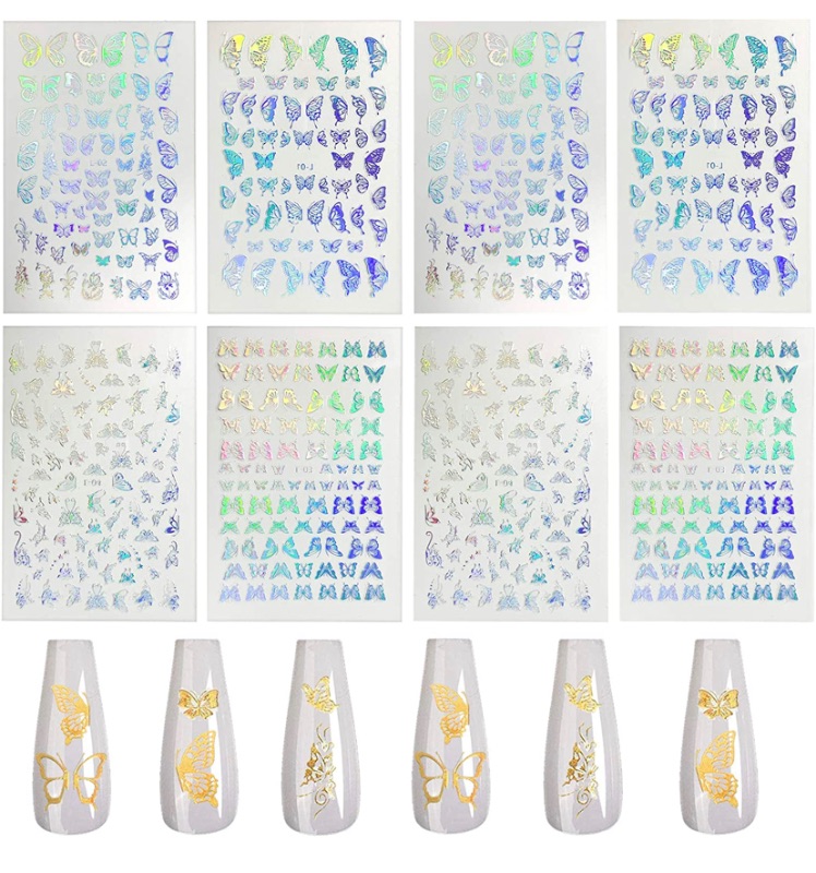 Photo 1 of 8pcs Nail Art Adhesive Sticker Sheets Different Laser Gold and Silver Color Butterfly Shapes Nail Art Decoration. 3 pack