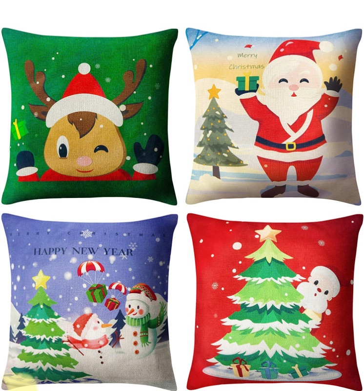 Photo 1 of BININBOX Christmas Pillow Covers Set of 4 Holiday Throw Pillow Covers 18x18 Inches Linen Christmas Tree Snowman Reindeer Santa Decorative Christmas Pillowcase