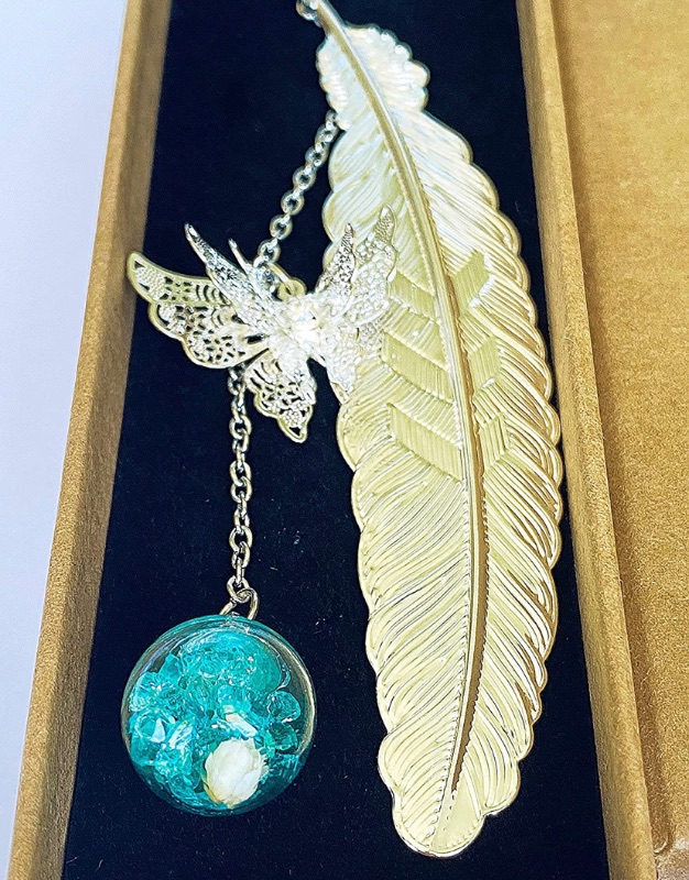 Photo 1 of Metal Feather Bookmark with Glass Bead Colored Crystals and Eternal Flower Perfect Gift for Readers/Writers (Silver Blue)