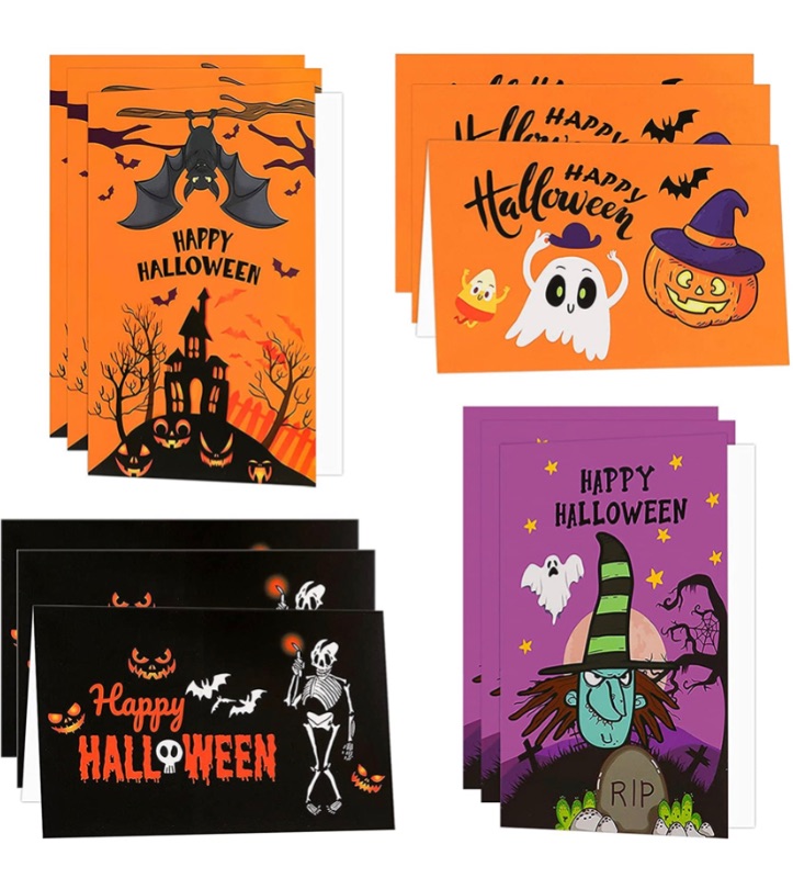 Photo 1 of 12 Pcs Halloween Greeting Cards and Self-Adhesive Envelopes, 4" x6" Halloween Cards for Trick or Treat Party Invitations, Kids Halloween Party Favors, 2 Fun and Spooky Halloween Designs. 4 pack