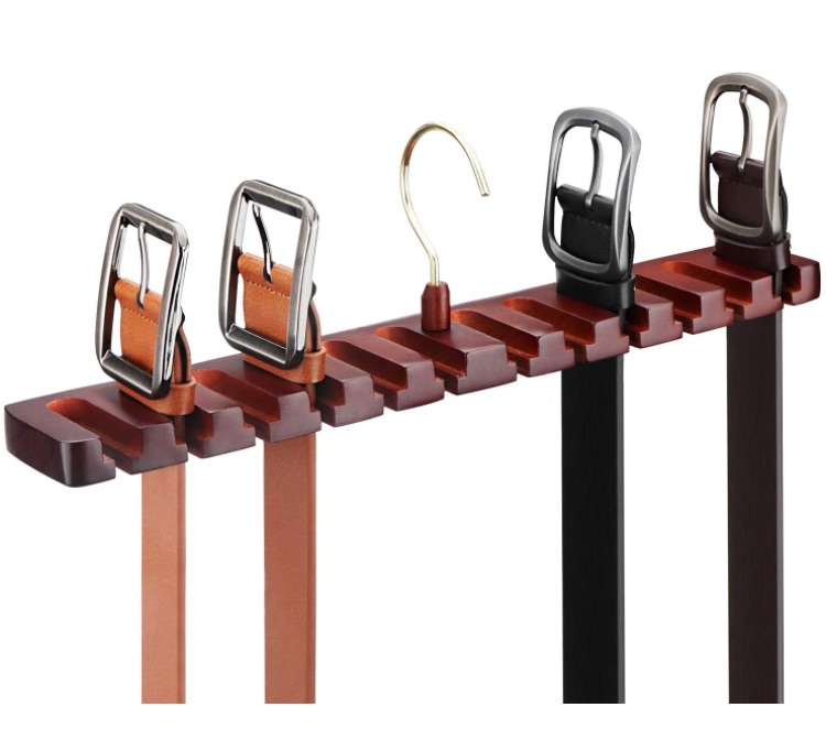 Photo 1 of Mastom Wooden Belt Hanger Sturdy Belt Rack Holder for Closet, Walnut Finish Solid Wood Belt Organizer with 12 Slots for Storing Belts (1 Pack)