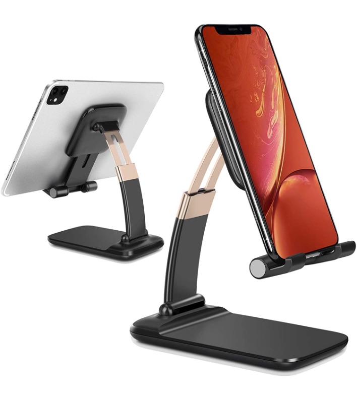 Photo 1 of Upgraded Desk Phone Holder, B-Land Adjustable Foldable Cell Phone Stand for Desk, Thick Case Friendly Phone Holder Stand Tablet Stand Compatible with All Smart Phones & Tablets (Black)