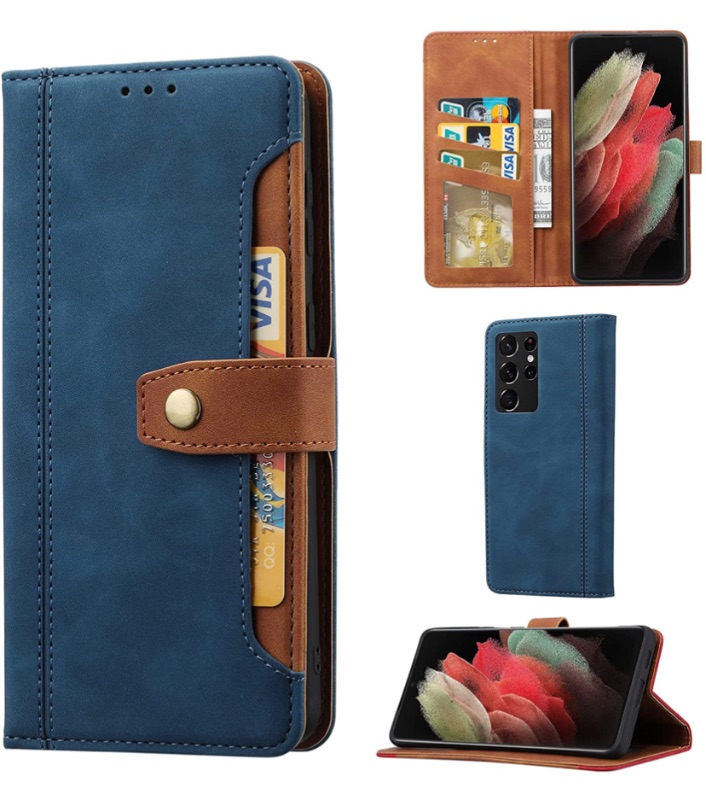 Photo 1 of Leather Wallet Phone Case for Samsung Galaxy S21 Plus, IDOOLS Folding Flip Cases Protective Cover Strong Magnetic Closure with Card Slots Kickstand -Blue