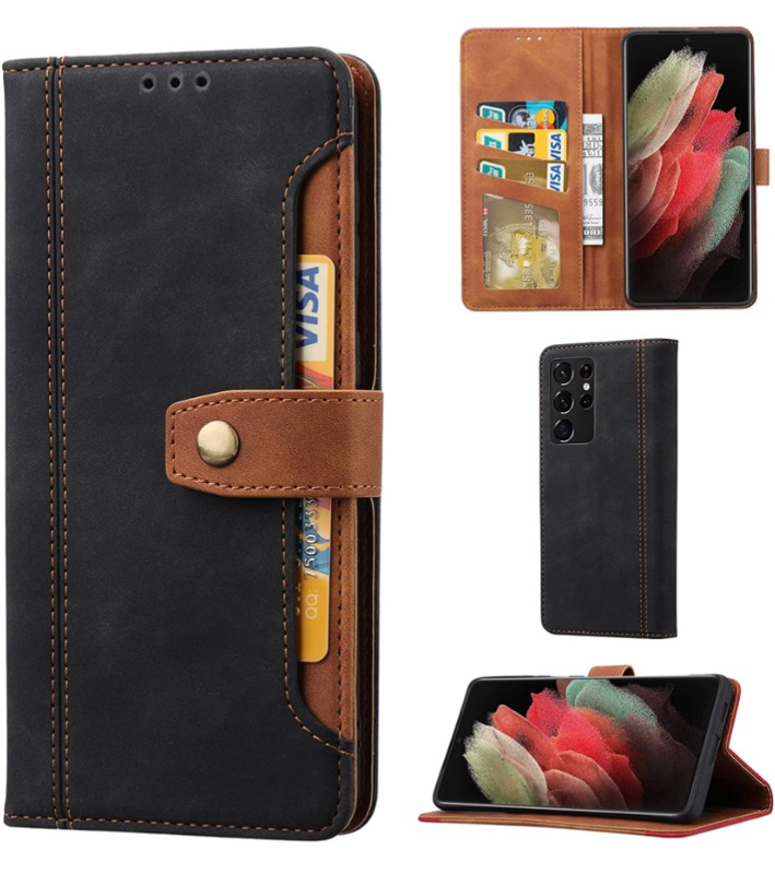 Photo 1 of Leather Wallet Phone Case for Samsung Galaxy S21 Plus, IDOOLS Folding Flip Cases Protective Cover Strong Magnetic Closure with Card Slots Kickstand -Black