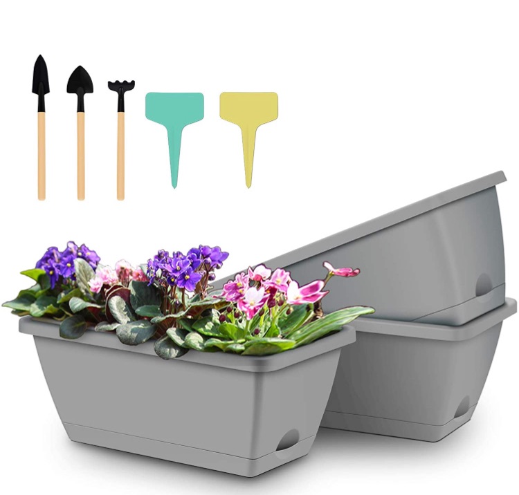 Photo 1 of 3 Packs Window Box Planter, 14 inches Plastic Flower Vegetable Planter Boxes with Plant Label & Garden Tools, Rectangle Planter for Windowsill, Patio, Garden, Indoor Outdoor (Grey)