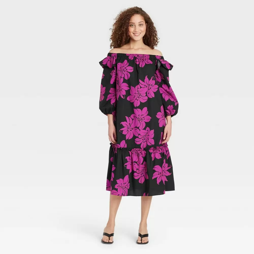 Photo 1 of Women's Balloon Long Sleeve Dress - Who What Wear Purple Floral XS