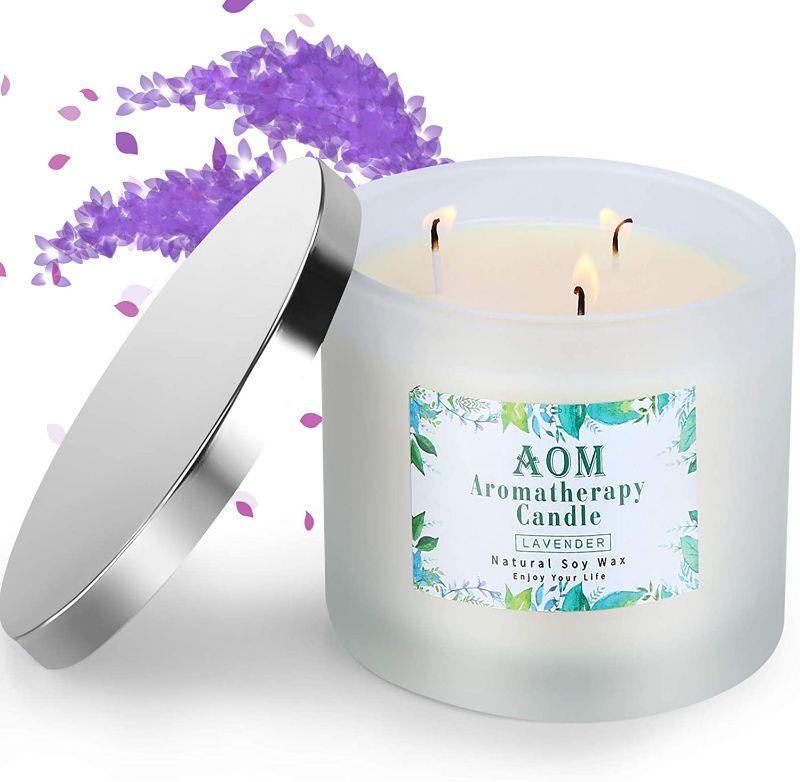 Photo 1 of AOM Lavender Candles for Home Scented, 3-Wick Aromatherapy Candle 14 Oz Mother's Day Gifts Soy Wax Candle, Valentine Jar Candles Gift with Strongly Fragrance
