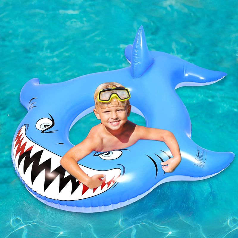 Photo 1 of CLISPEED Beach Float for Kids, 4.7ft PVC Inflatable Raft Shark Pool Float Swim Ring with Fast Air Value Repair Patches Summer Water Toys for Kids Adults-Passed SGS Testing
