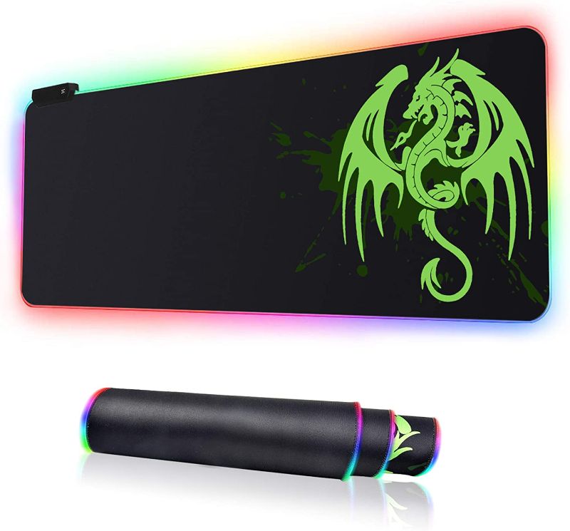Photo 1 of RGB Gaming Mouse Pad, Large Extended Soft Led Mouse Mat with 14 Lighting Modes 2 Brightness Levels, Non-Slip Rubber Base, Waterproof Surface, Keyboard Mousepad (31.5 x 11.8 x 0.2 Inch) (Green Dragon)
