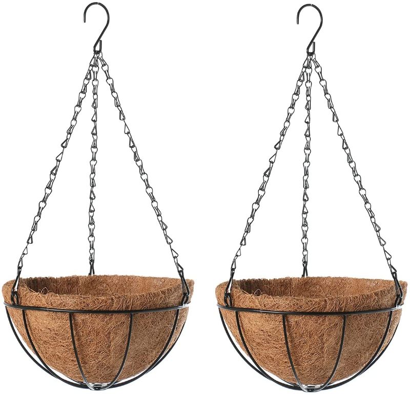 Photo 1 of 2 Pack Metal Hanging Planter Basket Large Hanging Planters with Coco Coir Liner Chain Round Wire Plant Holder Flower Pots (12INCH)
