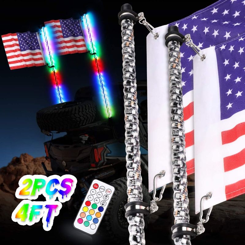 Photo 1 of LED Whip Lights Auto Power Plus 2PCS 4FT LED Whips RF Wireless Remote Control Light Whips w/Flag RGB Chase Light 360° Spiral Antenna LED Whip for ATV UTV RZR Off- Road Trucks Dunes Sand Boat
