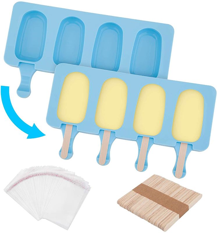 Photo 1 of Tobepico 2 Pack Popsicle Molds for Kids, Food Grade Silicone Ice Pop Molds 4 Cavities Cake Pop Mold ith 50 Wooden Sticks & 50 Parcel Bags for DIY Homemade Ice Cream
