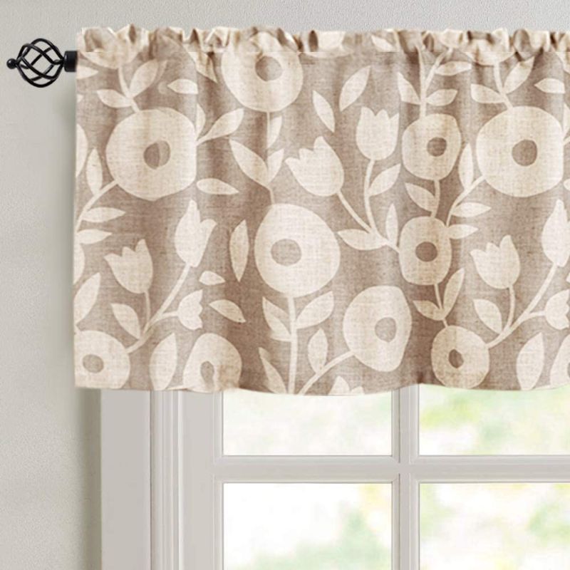 Photo 1 of Curtain Valances for Windows 15 inch Length Floral Printed Valance for Kitchen Window Linen Textured Rustic Valance Curtains, 1 Panel, Taupe and White
