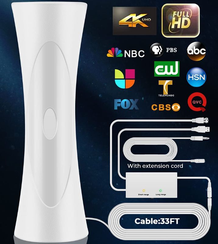 Photo 1 of 2021 Upgraded HD Digital TV Antenna Up to 300 Miles Range, Support 4K 1080P & All Old TVs 360° Reception, Indoor/Outdoor Digital Antenna with Smart Amplifier Signal Booster/33ft Coax Cable (White)
