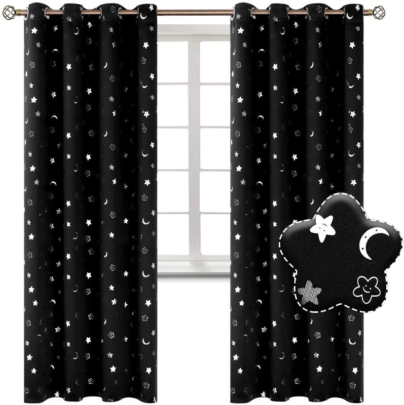 Photo 1 of BGment Moon and Stars Blackout Curtains for Kids Bedroom, Grommet Thermal Insulated Room Darkening Printed Curtains for Nursery, 2 Panels of 52 x 63 Inch, Black
