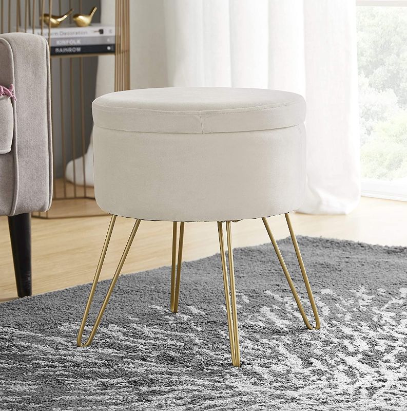 Photo 1 of Ornavo Home Modern Round Velvet Storage Ottoman Foot Rest Vanity Stool/Seat with Gold Metal Legs & Tray Top Coffee Table - Cream
