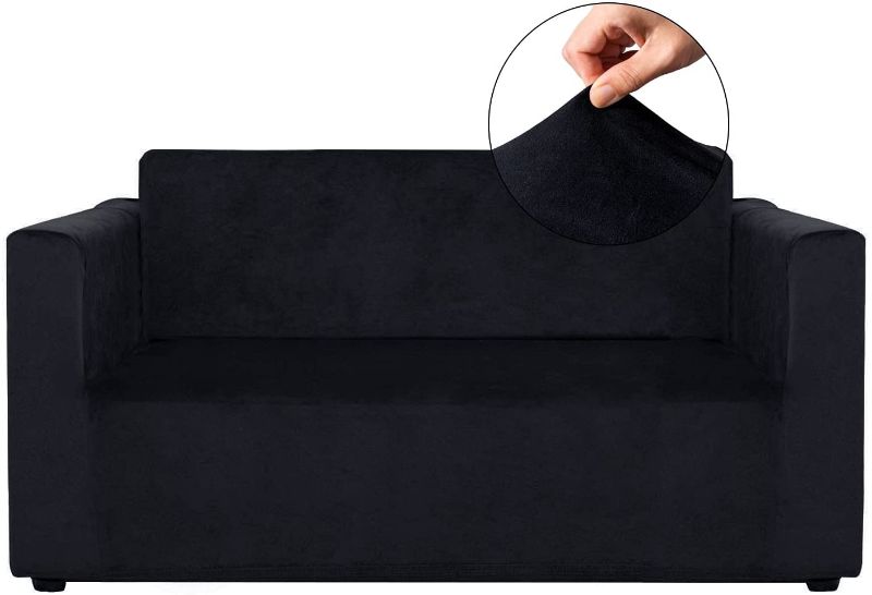 Photo 1 of RECYCO Super Stretch Plush Velvet Loveseat Couch Cover 1-Piece Sofa Slipcover Furniture Protector with Elastic Bottom, Form Fit Home Sectional Couch Covers Soft Spandex Jacquard Fabric, Black