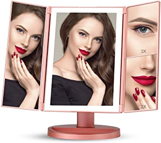 Photo 1 of SAUTIGA Tri-fold Vanity Mirror Lights – Magnification Makeup Mirror Adjusted Brightness Adjustable Rotation Portable Cosmetic Mirror with Countertop