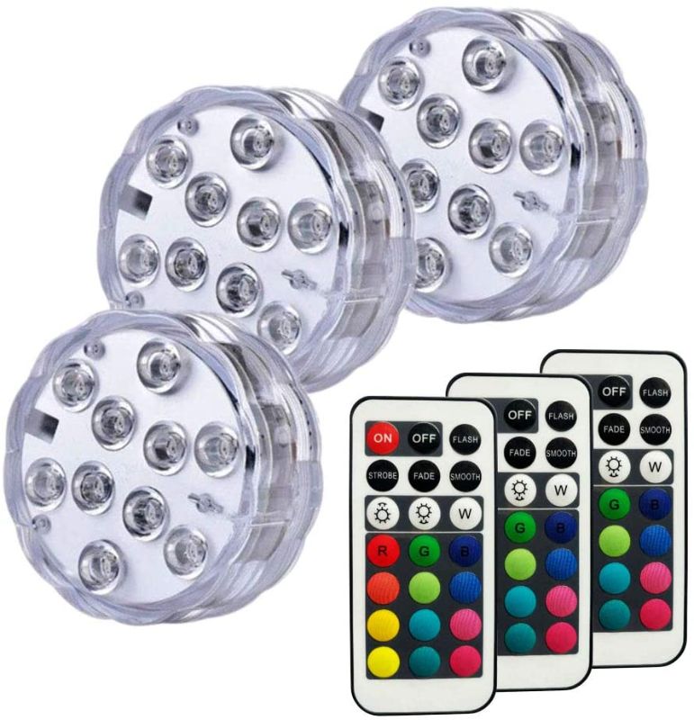 Photo 1 of 
Anchayuan RGB Color Changing Submersible LED Lights 13 Colors 4 Lighting Modes Battery Powered Lights Remote Control (3-Pack)   battery not include 