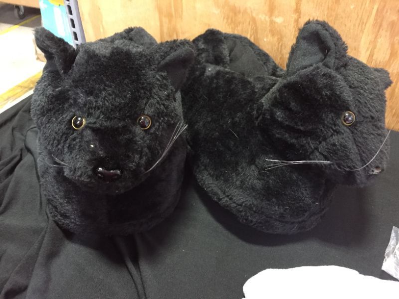 Photo 2 of Black Cat Slippers - Plush Novelty Animal Costume House Shoes w/ Comfort Foam Silver Lilly Mens size XL
