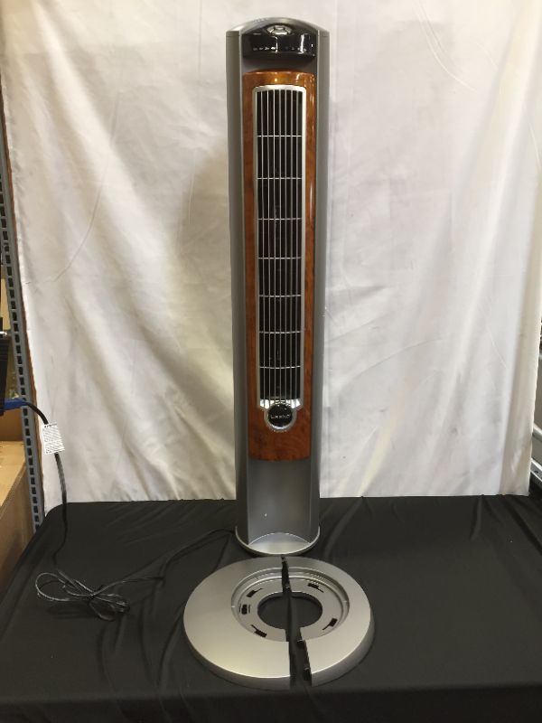 Photo 2 of Lasko 42" Wind Curve Oscillating Tower Fan with Nighttime Setting and Remote, T42954, Gray/Woodgrain