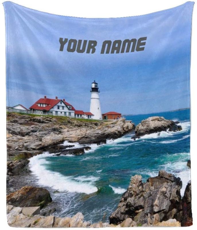 Photo 2 of CUXWEOT Custom Blanket with Name Text,Personalized Beautiful Sea Lighthouse Super Soft Fleece Throw Blanket for Couch Sofa Bed (50 X 60 inches)
