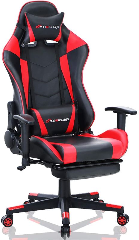 Photo 1 of MAISON ARTS Gaming Chair, Video Gaming Chair Executive Reclining Computer Chair with Massage Lumbar Support and Retractible Footrest, Ergonomic Rolling Swivel Office Chair Task Chair (Black & Red)
